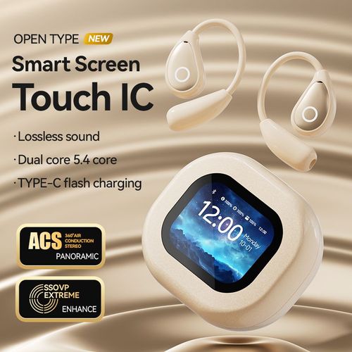 Open-Ear TWS Headphones with LCD Touch Screen, 60H Battery & Directional Sound (Bluetooth 5.4)