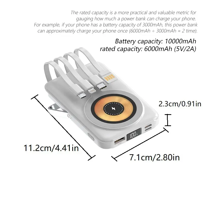 10000mAh Wireless Magnetic Power Bank, Fast Charging Power Bank with 4 Cables, External Battery Charger  Power Bank Type, Phone Accessories, Mobile Power Supply, Phone Battery Pack