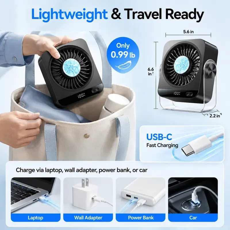Portable Fan, Cool Tech Gadgets Compact USB-Powered Mini Portable Fan with 199 Speeds Turbo Airflow, Digital Display, Ultra Quiet USB Rechargeable for Bedroom, Office Travel, Cooling Sleep