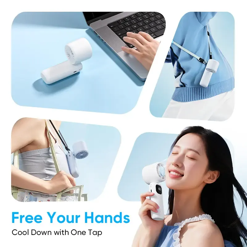 3-in-1 mini handheld fan, 199 levels of wind power and cooling function, compact and foldable 3-in-1 neck-table-handheld fan, pocket-sized design-This small fan is powered by a high-capacity 1800mAh battery