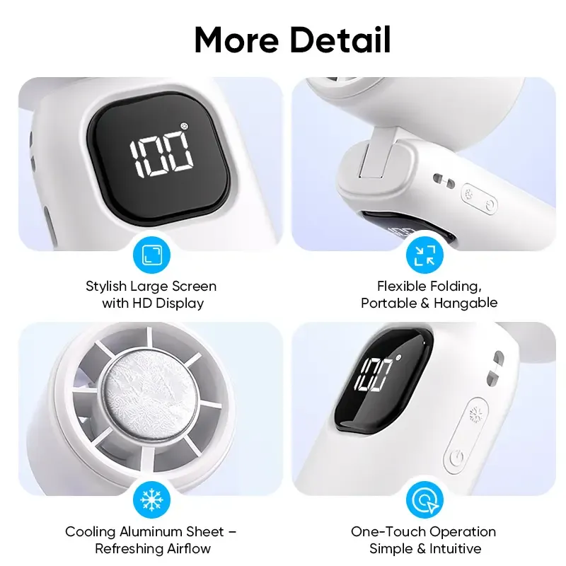 3-in-1 mini handheld fan, 199 levels of wind power and cooling function, compact and foldable 3-in-1 neck-table-handheld fan, pocket-sized design-This small fan is powered by a high-capacity 1800mAh battery