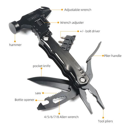 Multi Functional 16 in One Car Tool, Window Breaker, Hammer, Stainless Steel Tool, Knife Pliers, Sheep Horn Hammer