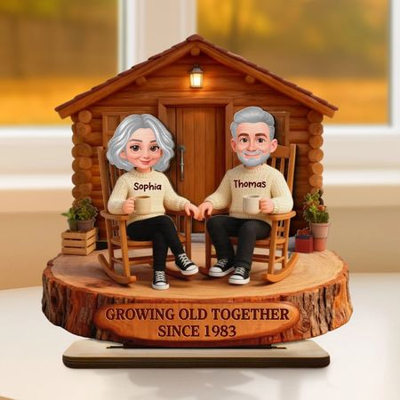 Personalized Growing Old Together Cabin Couple Wooden Stand | Custom Name & Year Love Keepsake