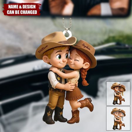 Cartoon Style Countryside Couple Cowboy Cowgirl Car Accessories Personalized Hanger Ornament