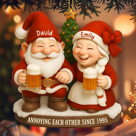 Annoying Each Other Since, Santa Claus With Beer Mugs - Personalized Custom Wood Ornament, Custom Shaped