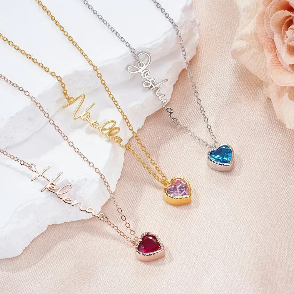 Personalized Heart Birthstone Pendant Necklace with Name Dainty Jewelry Birthday Anniversary Gift for Women Girls