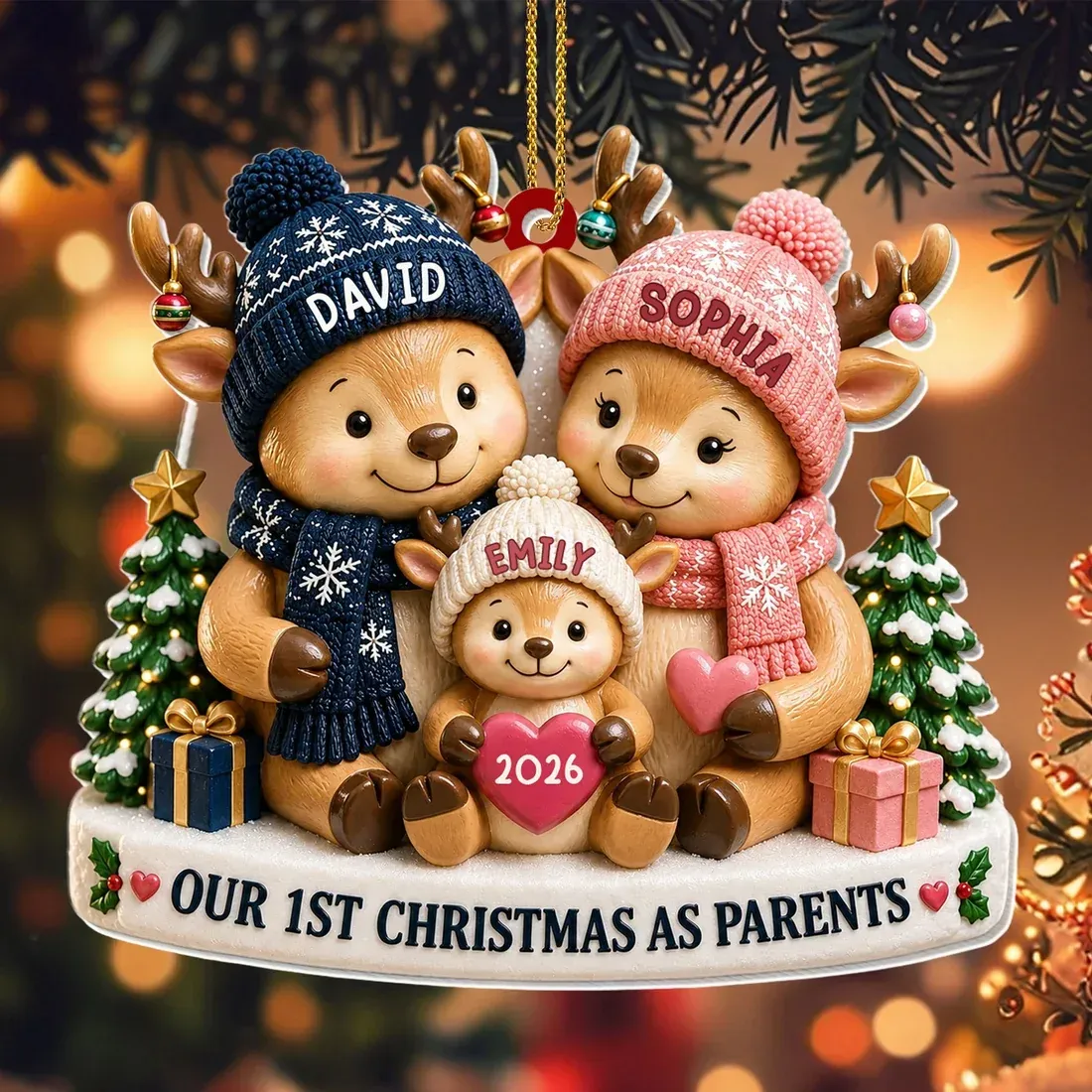 Personalized Christmas decoration with reindeer family | Custom Christmas decoration with name Our first Christmas as parents
