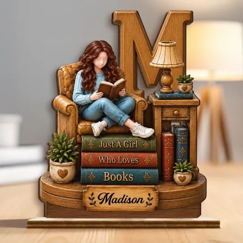 Custom Name Book Lover Gifts for Girls - Personalized Wooden Plaque With Flat Stand