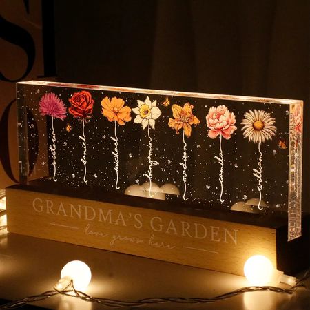 Grandma s Garden Birth Month Flowers Personalized Acrylic Block LED Night Light,  Perfect Gift for Grandma, Mom, Auntie, or Sister