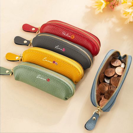 Personalized Birth Flower Coin Bag | Custom Name Engraved Portable Zipper Wallet