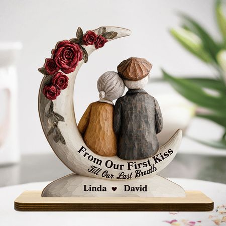 Eternal Embrace Under the Crescent Moon - Personalized Single-Layer Wooden Plaque with Flat Base