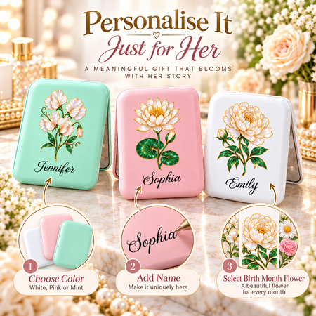 Custom Name Birth Month Flower Makeup Gifts For Women - Personalized LED Compact Makeup Mirror