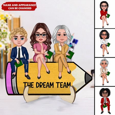 Doll Teacher Bestfriends Colleagues Sitting On Pencil - Personalized 2-Layer Wooden Plaque, Back To School Gift, Classroom Decor