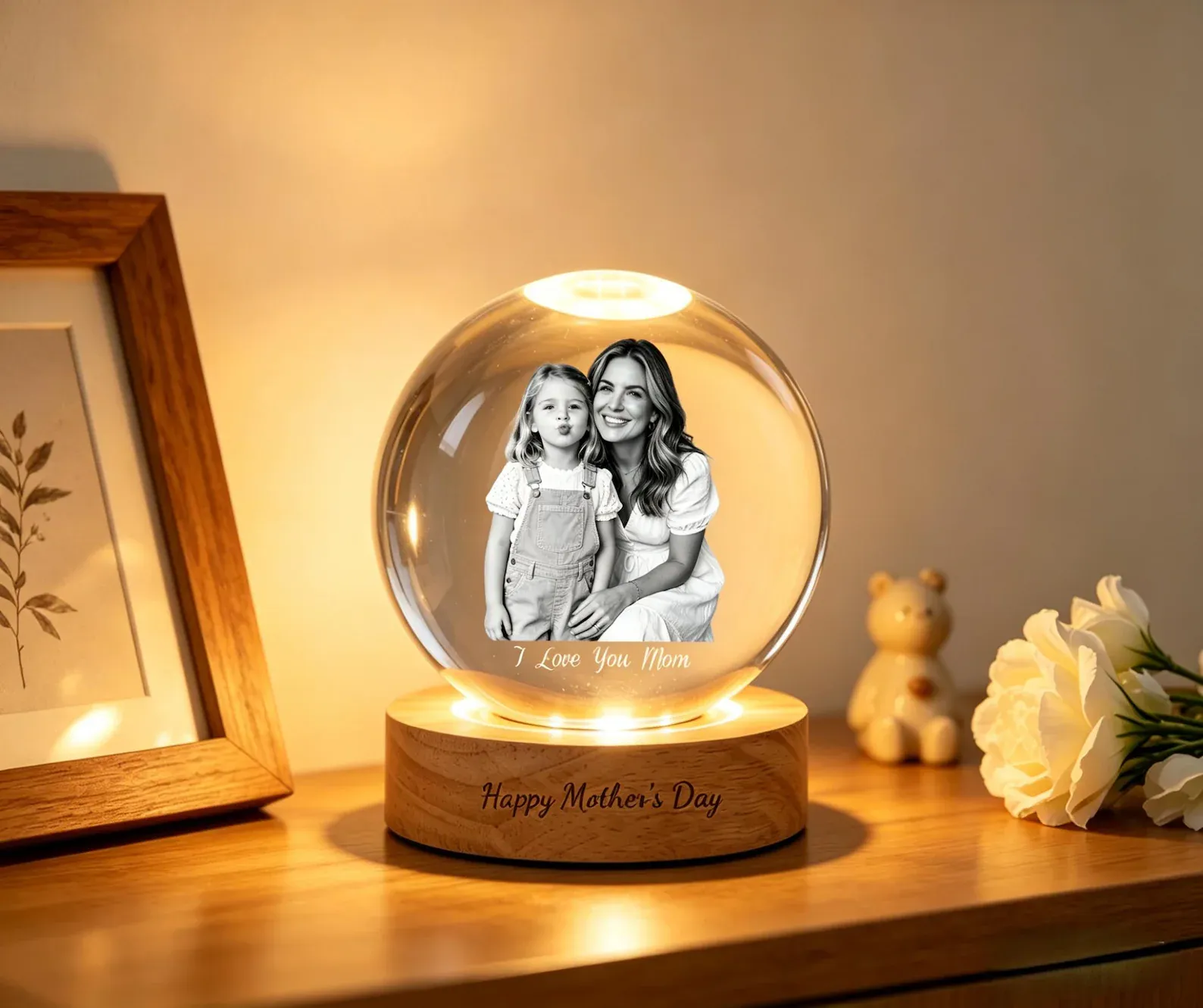 Personalized Photo Engraved Crystal Ball Night Light | Custom Couple Gift with Wooden Base