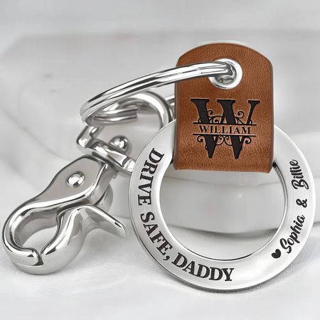 Drive Safe Daddy Monogram Initial - Personalized Leather Coordinates Keychain