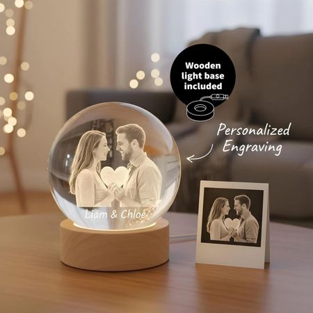 Personalized Photo Engraved Crystal Ball Night Light | Custom Couple Gift with Wooden Base