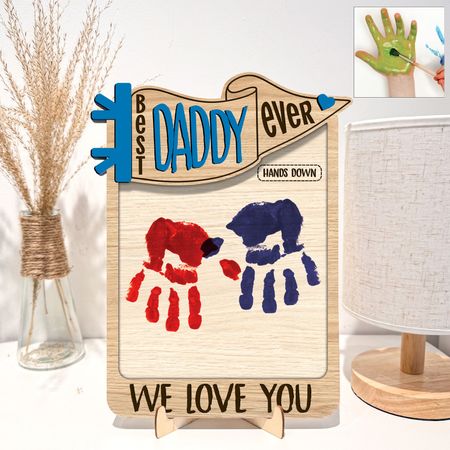 Father's Day Gifts, Best Daddy Ever Hands Down Handprint Happy Father's Day - Personalized Wooden Plaque
