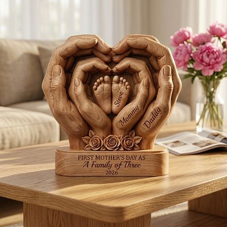 Personalized Family of Three Hand & Baby Feet Wooden Plaque