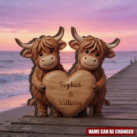 Custom Highland Cow Couple Wooden Blocks Personalized Cow Wood Plaque
