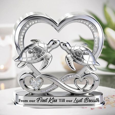 Personalized Sea Turtle Couple Acrylic Plaque | From Our First Kiss Till Our Last Breath Silver Infinity Heart Love Keepsake
