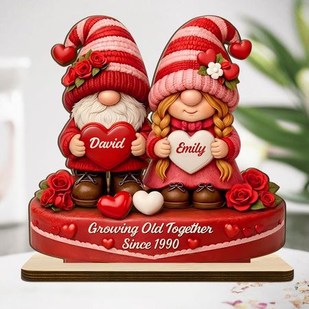 Romantic Dwarf Couple - Personalized Wooden Plaque with Flat Base