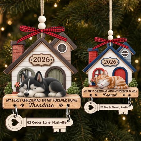 Custom First Christmas Wooden Ornament With Tag - Personalized Christmas Birthday Gifts For Dog Cat Lovers, Dog Dad And Mom, Cat Owners - Curled Up In Love