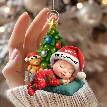 Sleeping Baby in Christmas Pajama Personalized Acrylic Ornament, Baby's 1st Christmas