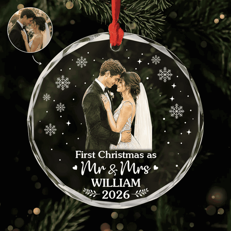 Personalised Watercolour First Christmas As Mr & Mrs Photo Glass Ornament for Couples
