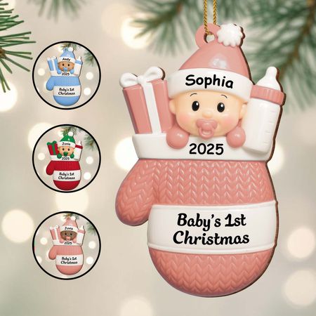 Baby's first Christmas, baby with gifts and bottle - Personalized acrylic decoration