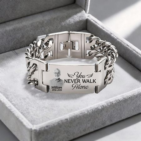 Custom Photo You Never Walk Alone Memorial - Personalized Engraved Bracelet Double Chain