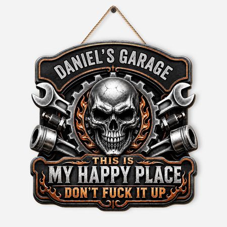 3D Printing Effect Personalised This Is My Happy Place Skull Garage Wood Sign for Him