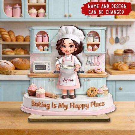 Baking Is My Happy Place - Personalized 2-Layered Wooden Plaque, Gift For Mom, Grandma