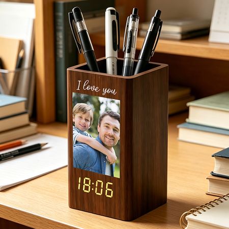 Personalized Photo Pen Holder with Digital Clock