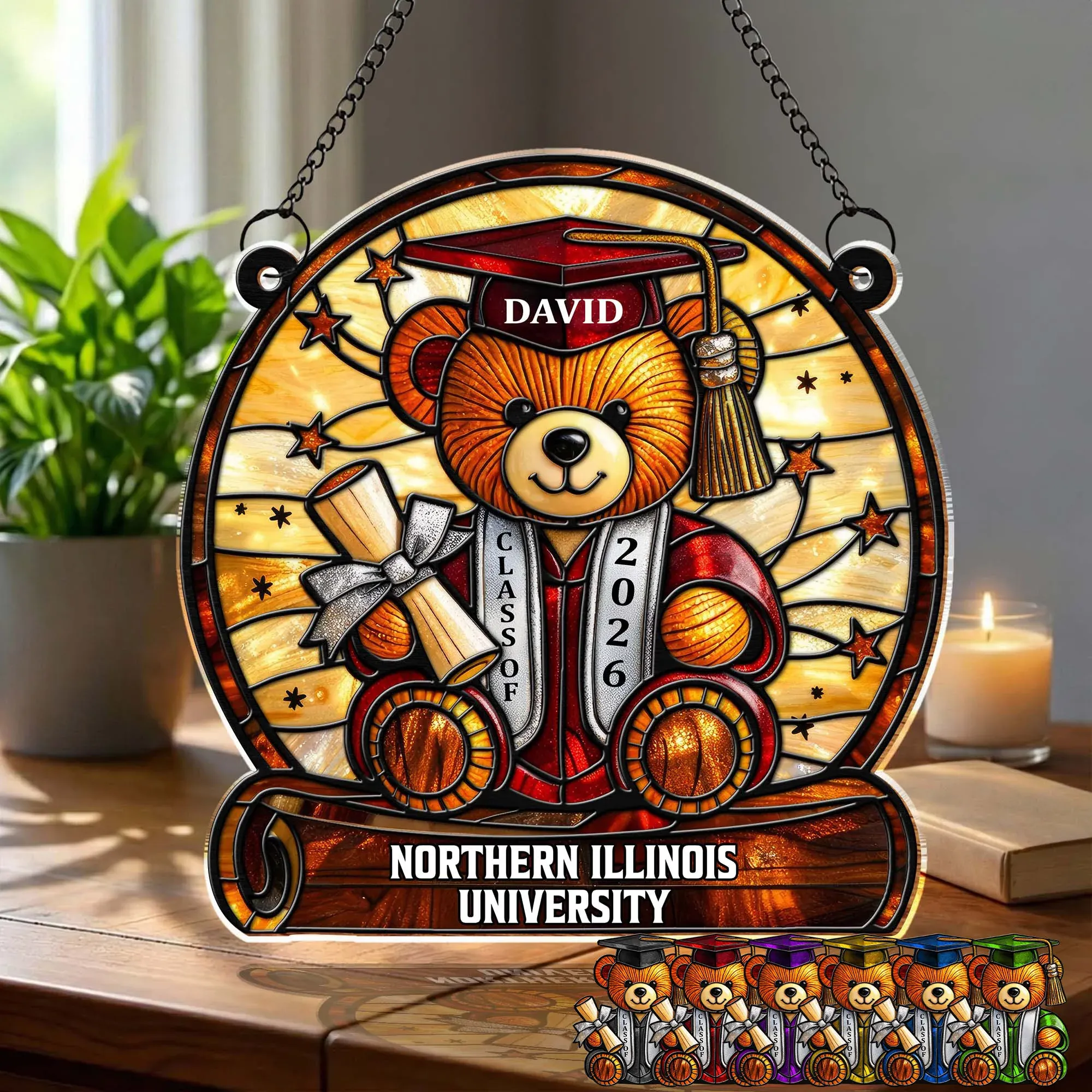 Personalized Graduation Bear Stained Glass Suncatcher | Custom Name & University Keepsake