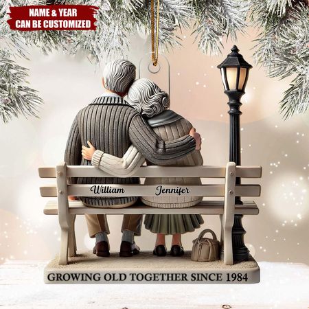 Old Couple Sitting On Bench At The Park - Personalized Acrylic Christmas Ornament