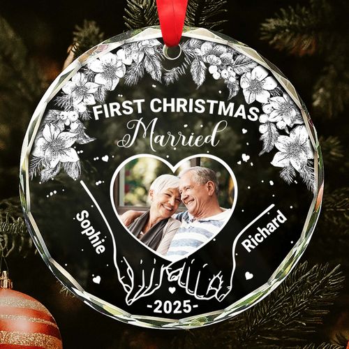 First Christmas Married With Pinecones And Flowers - Personalized Custom Circle Glass Ornament