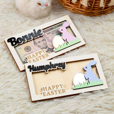 Personalized Cute Pink Blue Easter Bunny Wooden Money Holder with Engraved Name Easter Gift for Kids Adults
