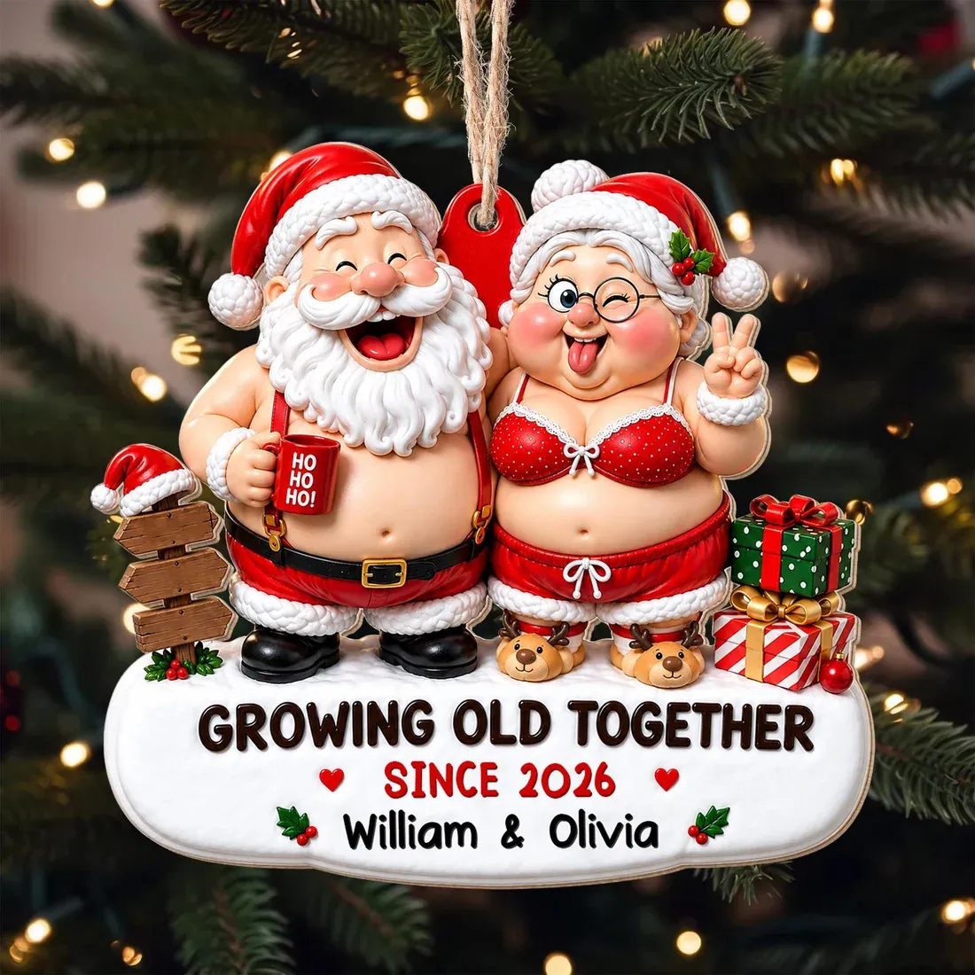 Personalized Santa Couple Wooden Christmas Ornament | Custom Names Growing Old Together Keepsake