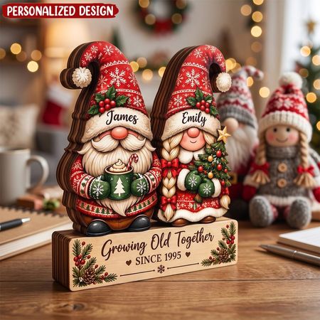 Personalized Christmas Dwarf Couple Wooden Block, Growing Old Together Gift