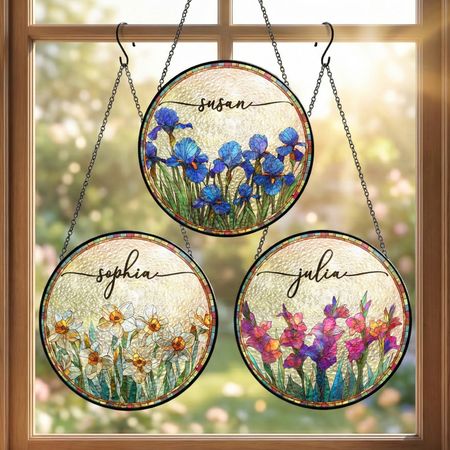 Custom Birth Flower & Name - Personalized Stained Glass Window Hanging Suncatcher