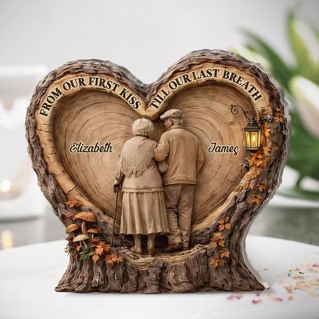 Personalized From Our First Kiss Till Our Last Breath Elderly Couple Wooden Heart Acrylic Plaque | Custom Name Anniversary Keepsake