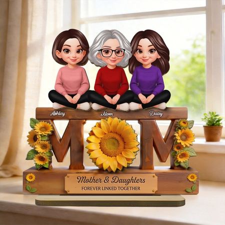 Personalized Style Sunflower Mom & Daughters 2-Layer Wooden Plaque - Sweet Home Display Decor, Unique Gift for Mother's Day