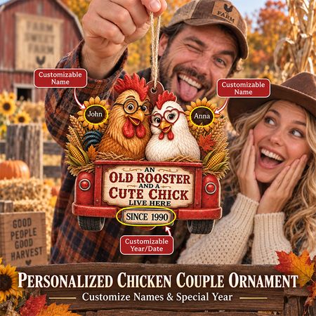 Personalized Chicken Couple Farm Wooden Ornament