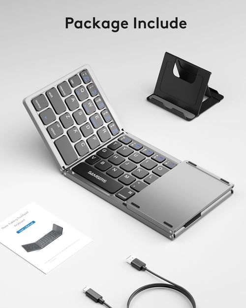 Foldable Bluetooth Keyboard with Touchpad - Portable Wireless Keyboard with Holder, Rechargeable Full Size Ultra Slim Pocket Folding Keyboards for Android Windows iOS Tablet & Laptop