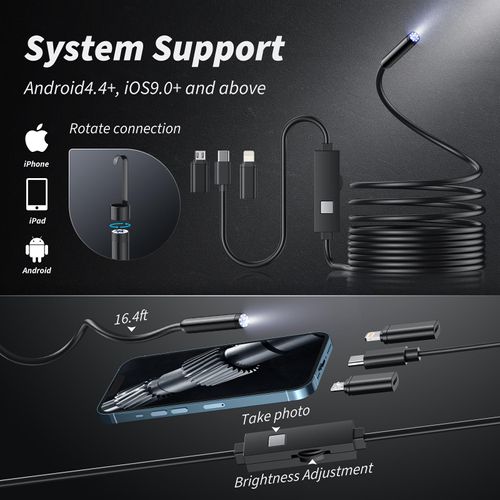 Endoscope Camera with Light, 1920P HD Bore Scope Borescope with 8 Lights, Waterproof 16.4FT Semi-Rigid Cord for Pipe Inspection, Industrial Endoscope for Phones
