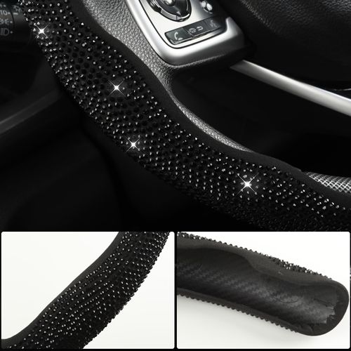 Diamond Bling Car Steering Wheel Cover with Crystal Rhinestones,3PCS Segmented Steering Wheel Protector,Universal for 99% Cars for Men and Women(Black with Black Diamond)