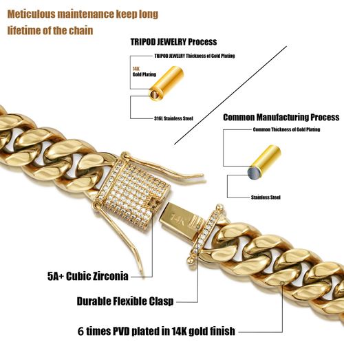 14K REAL Gold Plated Miami Cuban Link Chain 316L Stainless Steel Necklace or Bracelet with Iced Out Diamond Clasp for Men Women(Custom Box and Pouch Packing, Christmas Gift)