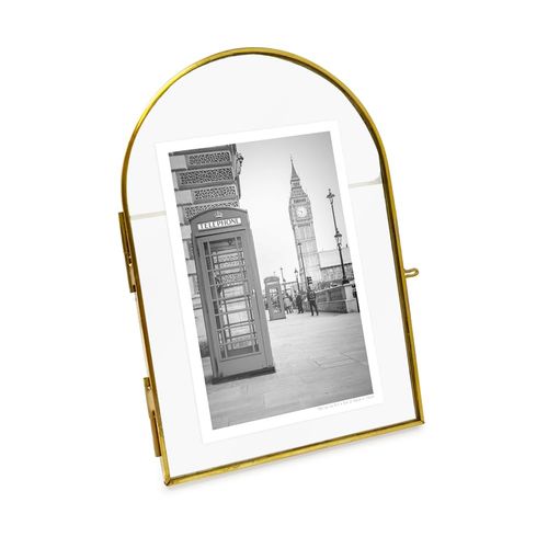 4x6 Vintage Style, Arched Brass & Glass Metal Floating Picture Frame with Locket Closure (Vertical), Made for Tabletop Display (4x6 Vertical, Antique Gold)