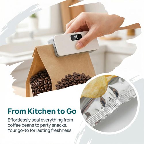 Mini Bag Sealer Package Resealer, Digital Display with Cutter, Sealing Machine for Tea Bags, Snack Bags, Food Storage Bags, white
