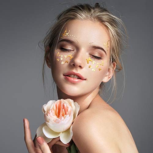 30 Sheets Gold Glitter Freckles Face Tattoo Sparkle Face Makeup Patches Metallic Face Tattoo Sticker Temporary Transfer Tattoo Parties Decor for Halloween Christmas Women Makeup Dancer Costume